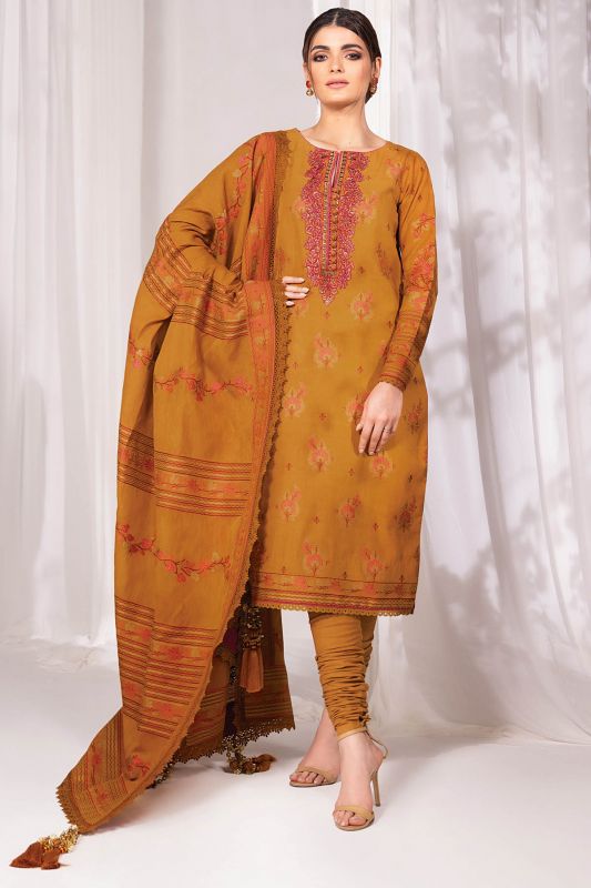 Three Piece Embroidered Jacquard Suit with Jacquard Dupatta